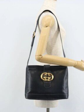 GUCCI Shoulder Bag Leather Black Gold